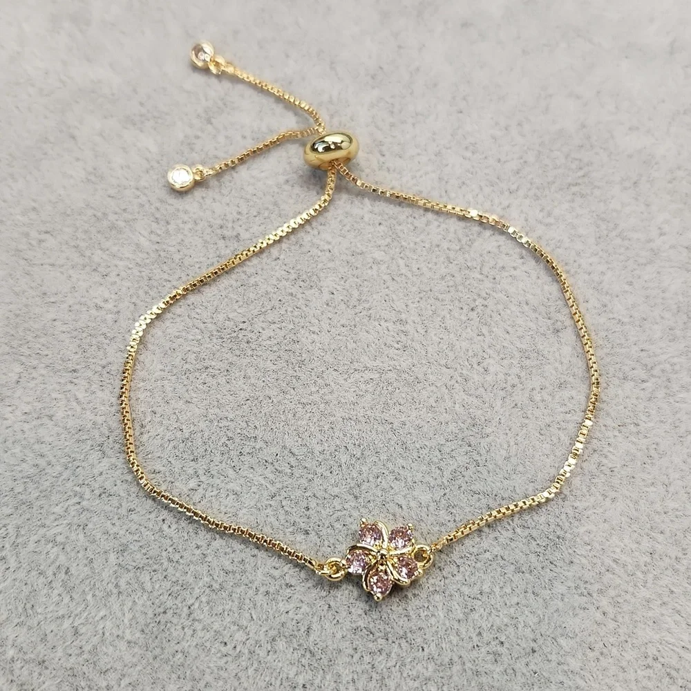 Hibiscus Flower Shape Copper Plating Inlay 18k Gold Plated Bracelet, Adjustable